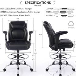 Ergonomic Mid-Back Leather Adjustable Drafting Chair with Multi-Function Arms and Foot Ring, Standing-Desk Matched Tall Swivel Computer Office Stool, 