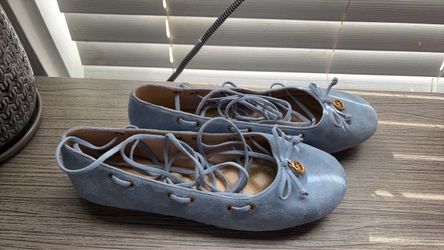 Blue Suede Lace-Up Ballet Flats