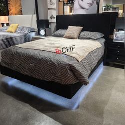 Black Boucle Queen/King  Bed Frame With Underbed LED Light