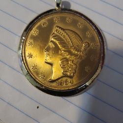 1854 Vintage Kellogg & Co 1854 Replica Liberty Coin Necklace Pendant Gold Tone 18"