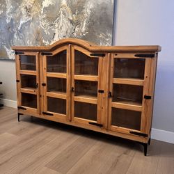 82” Wide Solid Wood Rustic Arched Hutch Curio Cabinet w/ Glass Doors and 9 Storage Shelves