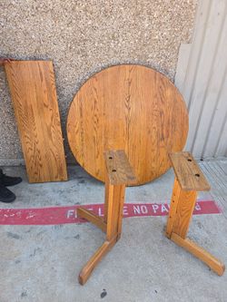 Round Oak Wood Table with 2 Pedestal Base