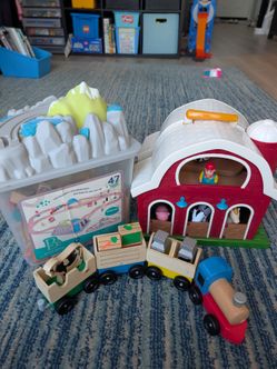 Wood Train Set and Barn toy bundle