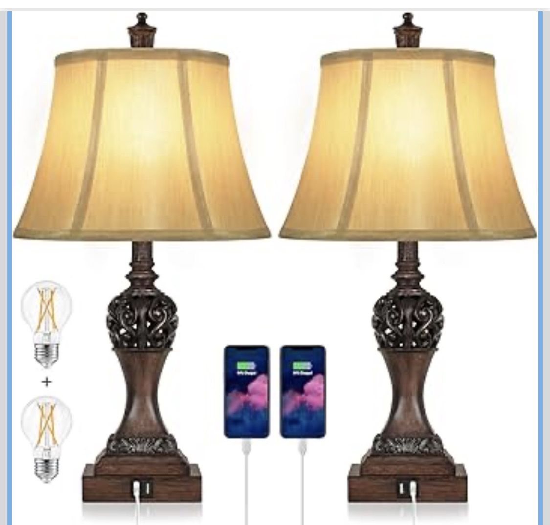 Set of 2 Touch Control 3-Way Dimmable Table Lamps with 2 USB Charging Ports Traditional Bedside Lamps with Bell Shape Faux Silk Shade & Brown Base for
