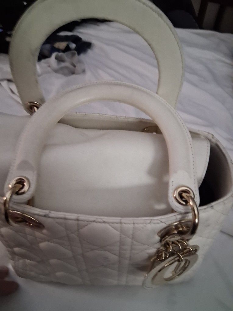 White  Quilted Grained Calfskin Cannage Medium Lady Dior Bag Silver Hardware