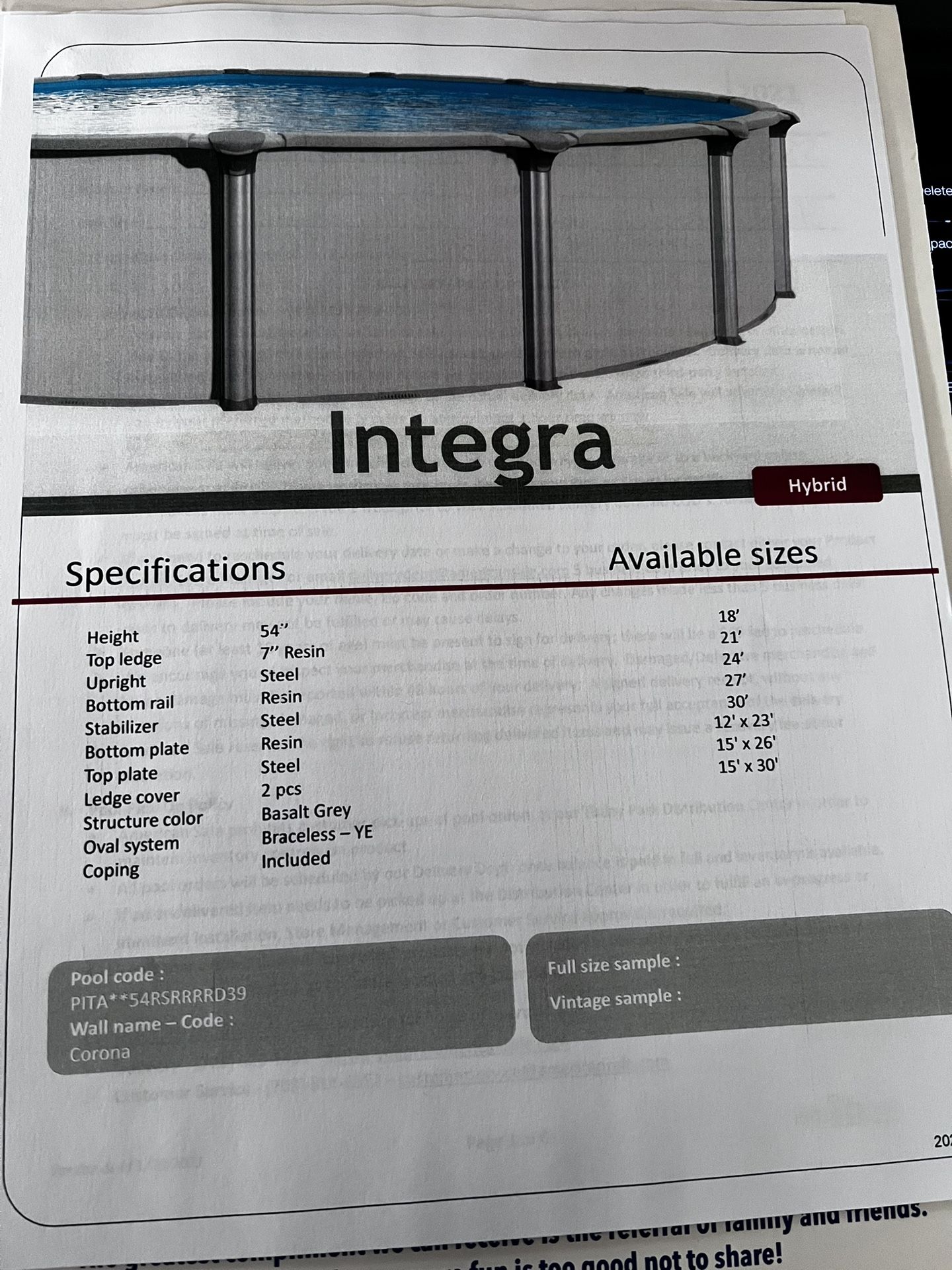 BOM 18/54 Integra pool Greystone