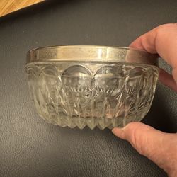 Vintage Small Glass Bowl with Silverplate Rim Starburst & Circles Design 5” Diameter
