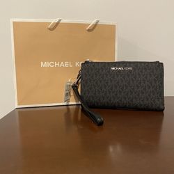 MICHAEL KORS Black Signature Double Zipper Wallet Wristlet 