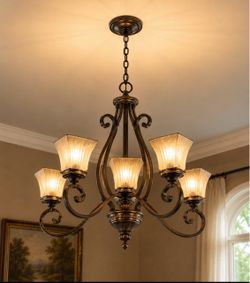 5-Light Bronze Scroll Chandelier with Frosted