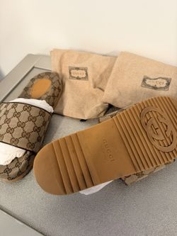 Authentic Gucci GG Supreme Canvas Slide Sandals Beige Ebony Brown Mens US 9