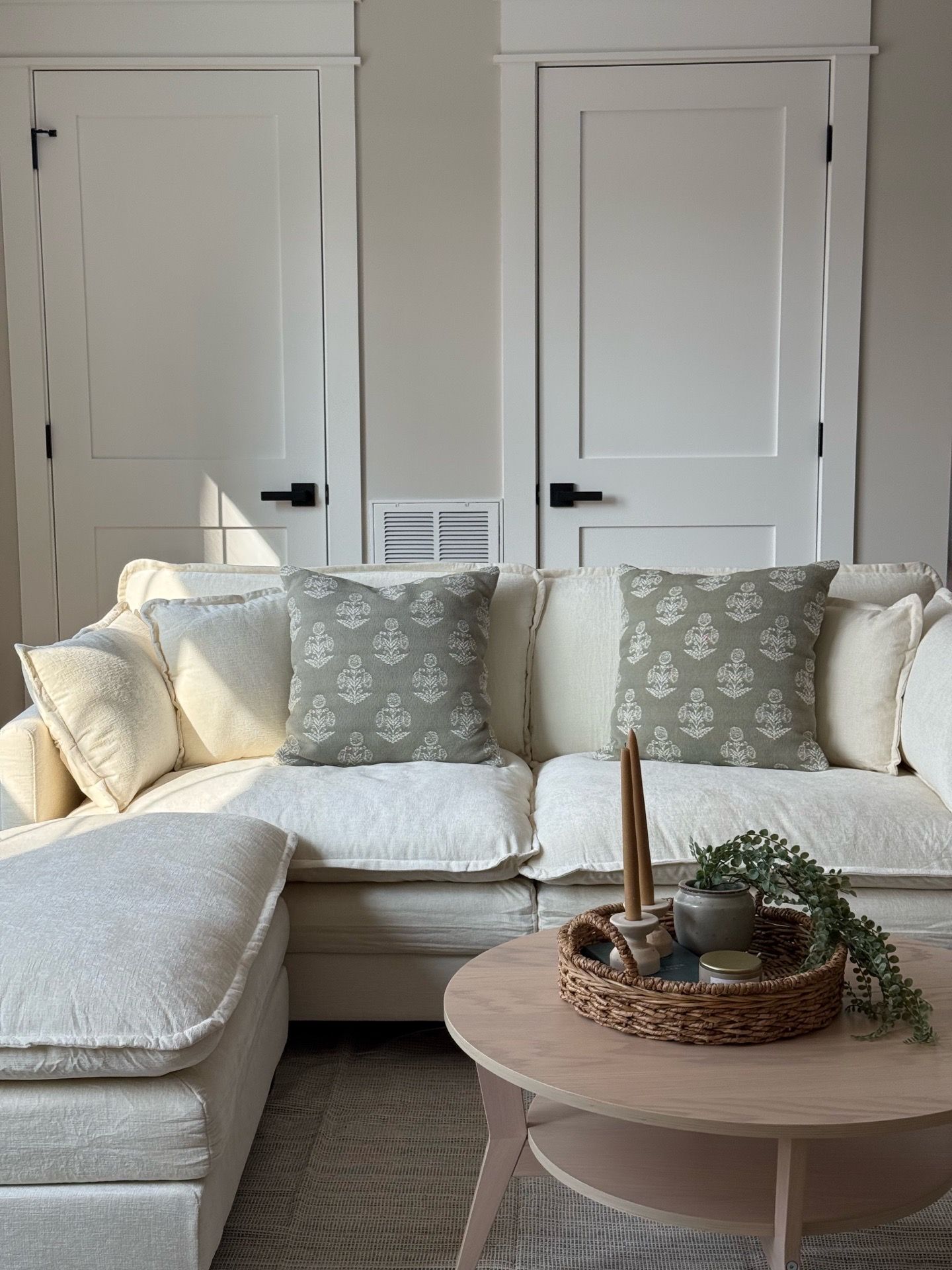 Beige L-Sectional Sofa and Ottoman