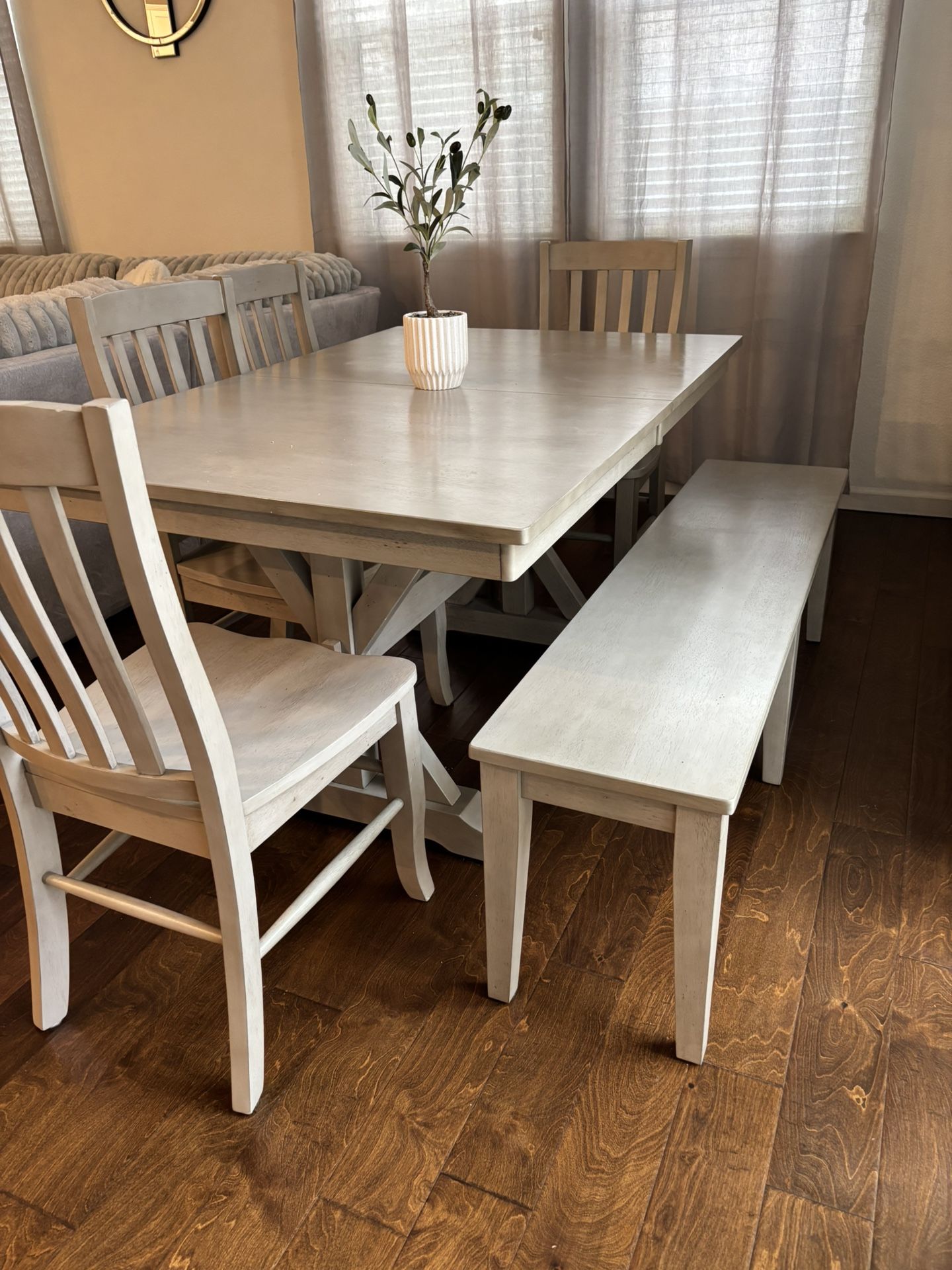 Grey table 4 Chairs 1 Bench 1 Year Old With 1 Flaw 350 OBO