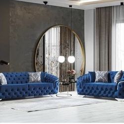 Lupino Blue Velvet Sofa 95" & Loveseat 82