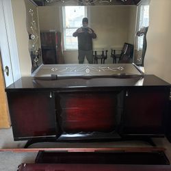 Vintage Cherry Bureau With Floral Decorated Mirror 