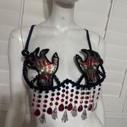 New small red black carnival bra top beaded festival rave raver goth outfit