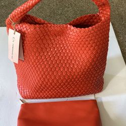 E/N Expressions Orange  Vegan Woven Tote 13X16X6 & Cosmetic 11X8X3 New With Tags