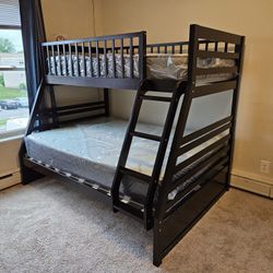 Brand New Special Espresso Color Twin Full Bunk Bed With Both Mattresses