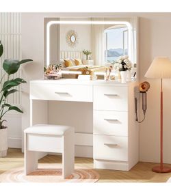 Makeup Vanity Desk with Charging Station & LED Mirror – 35.4" Vanity Set with 4 Drawers, 3 Lighting Modes – Modern Bedroom Furniture (15.7" D x 35.4" 
