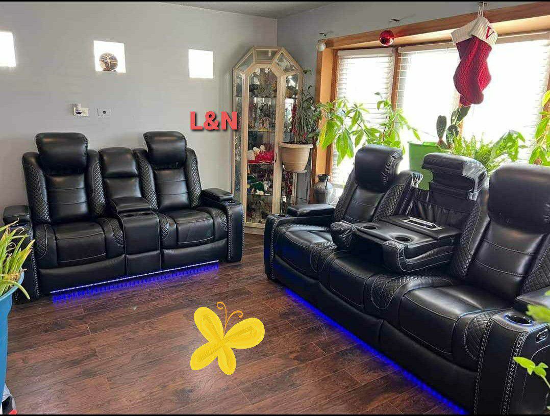 Party Time Black Power Reclining Sofa And Loveseat Home Theater Seating 