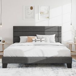Cal King Platform Bed Frame with Upholstered Fabric Headboard Upholstered Bed Frame with Headboard, Strong Wooden Slats Support, No Box Spring Needed,