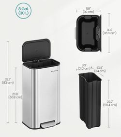 SONGMICS 8 Gallon Garbage Trash Can Wide Foot Pedal Soft Close Lid - Stainless Steel