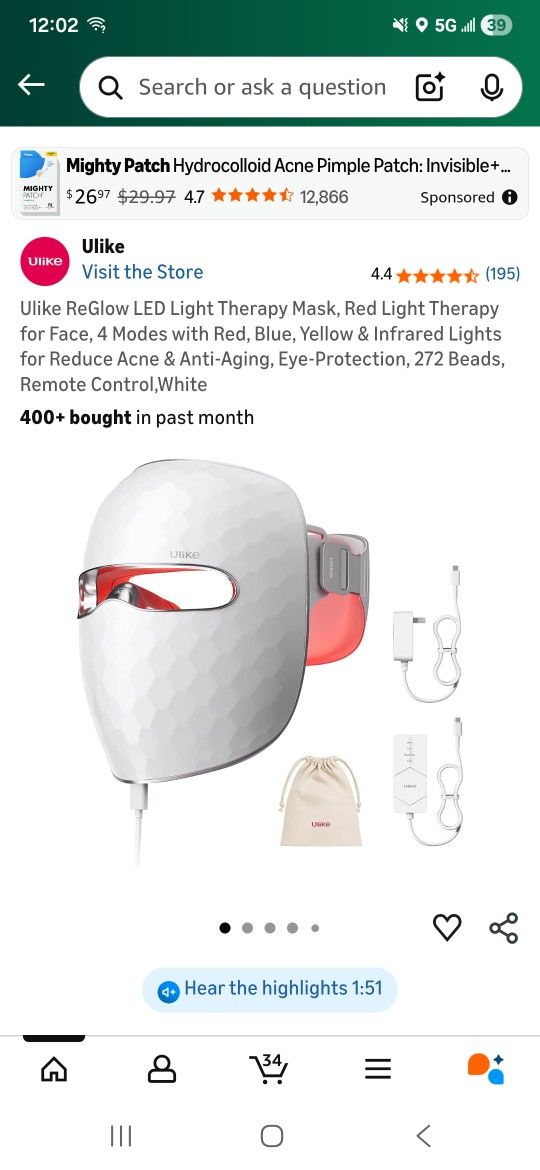 Ulike ReGlow LED Light Therapy Mask, Red Light Therapy for Face, 4 Modes with Red, Blue, Yellow & Infrared Lights for Reduce Acne & Anti-Aging, Eye-Pr