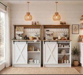2pc Farmhouse Coffee Bar Cabinet with Storage Hutch, White
Coffee Bar Station with Sliding Barn Door, 6 Hooks and Adjustable Shelves for Kitchen, Dini