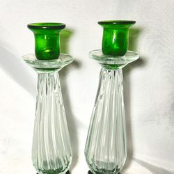 Pair Of Emerald Green And Clear Glass Candlesticks
