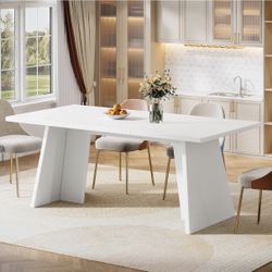 Tribesigns White Dining Tabl e, 63" Modern Kitche n Tab le with Glossy Tabletop and Double Robust Pedestal, Large Rectangle Wooden Eating