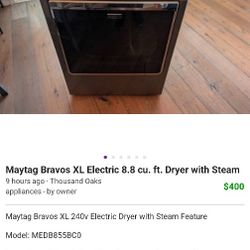 Maytag Bravos XL Electric 8.8 Cu. Ft. Dryer With Steam $400