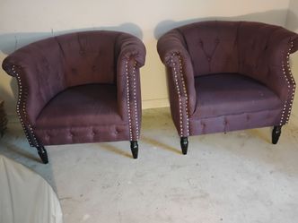 Pair of Purple Tufted Barrel Accent Chairs