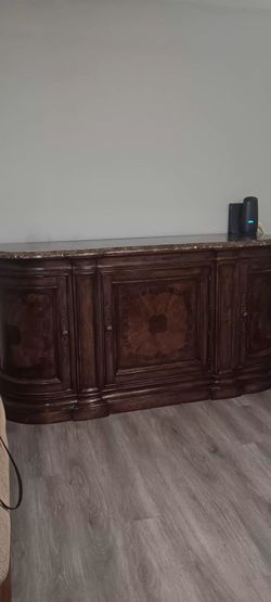 Dark Wood Sideboard Buffet with Marble Top