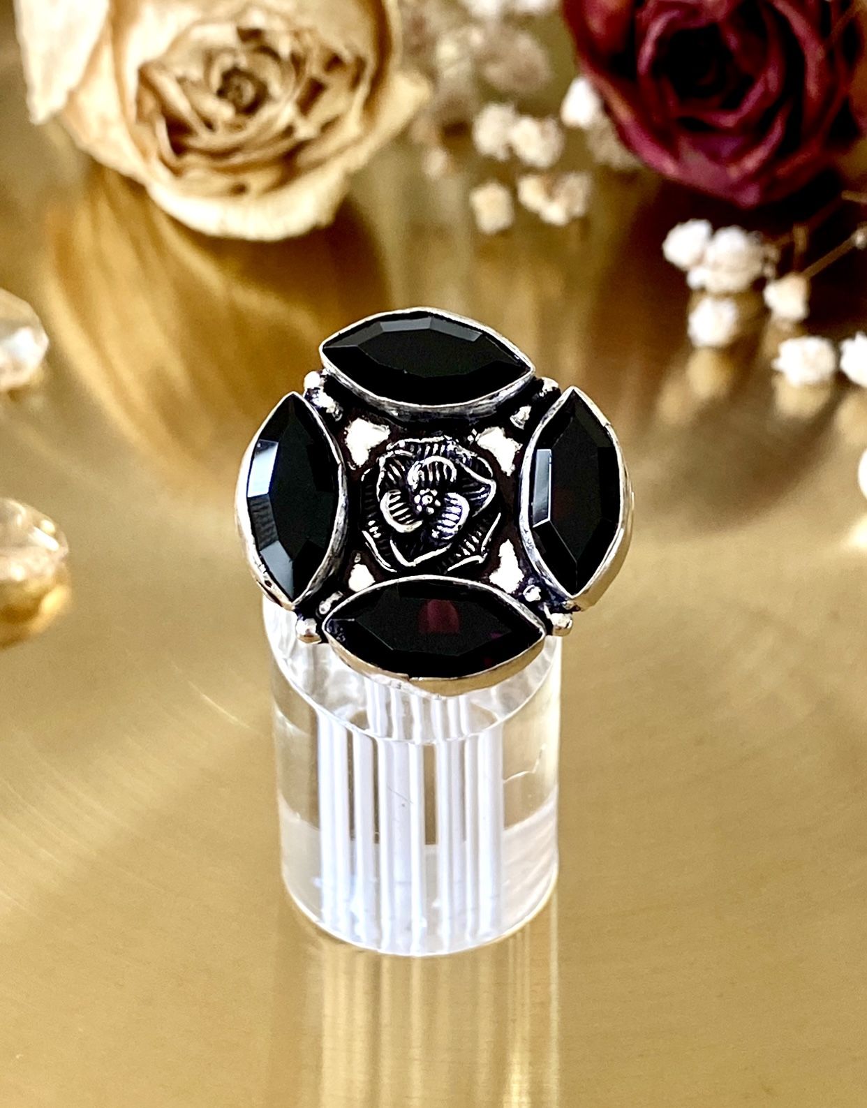 Black Onyx 925 Sterling Silver Overlay Flower Ring Size 8
