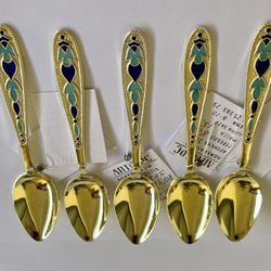 Set of 5 Vintage Sterling Silver Gilt Enamel Spoon Russia (Russian ) New With Tag. (#126)
