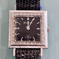 1960’s Bulova 14k White Gold Gents Diamond Dress Wristwatch “Handsome”