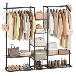 Clothes Rack with Shoe Shelf, Heavy-Duty Storage Rack, 6 Storage Shelves, 2 Hanging Rails Closet Wardrobe
