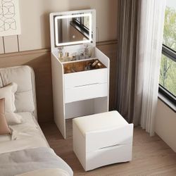 Vanity Desk with Flip Top Mirror and Lights, Small Makeup Vanity Set with Glass Shelf $120