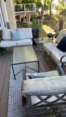 Outdoor Furniture Set 2 Loveseat Couches and 2 Chairs Glass Side Table