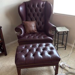 Burgundy Leather Wingback/ottoman