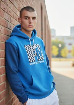 MTV Size XL Checkerboard Graphic Logo 2-Tone Blue Drawstring Hoodie Hand Pockets Excellent Condition. The item in the image is a Men's MTV Logo Black 