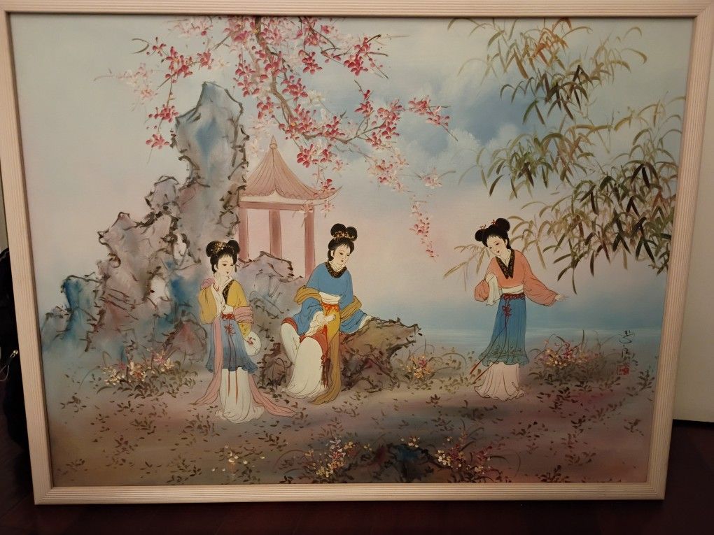 Oriental Geishas Large Painting Signed