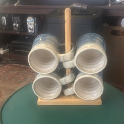 Four for your Smug Mug; Set of Four Vintage Blue Stoneware Pottery Mugs with Mug Tree: