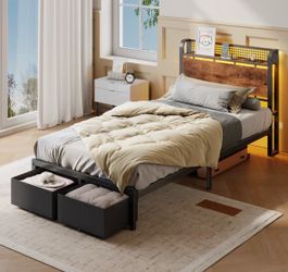 Twin Bed Frame + Wooden Headboard + Matress