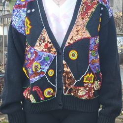Marnie West Beaded Sequin Colorful Black Cardigan Sweater Size LARGE 