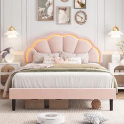 Queen Upholstered Smart LED Bed Frame with Adjustable Chic Petal Headboard , Pink Y-55