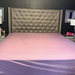 GREY BED - tall DIAMOND HEADBOARD 😍