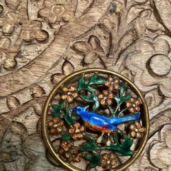 Vintage Enamel Blue Bird Circle Brooch Pin with Flowers & Branches Spring