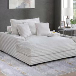 58" x 67" x 35" H Ivory Corduroy Lounge Chaise Cup Holders Brand New Firm Price $480