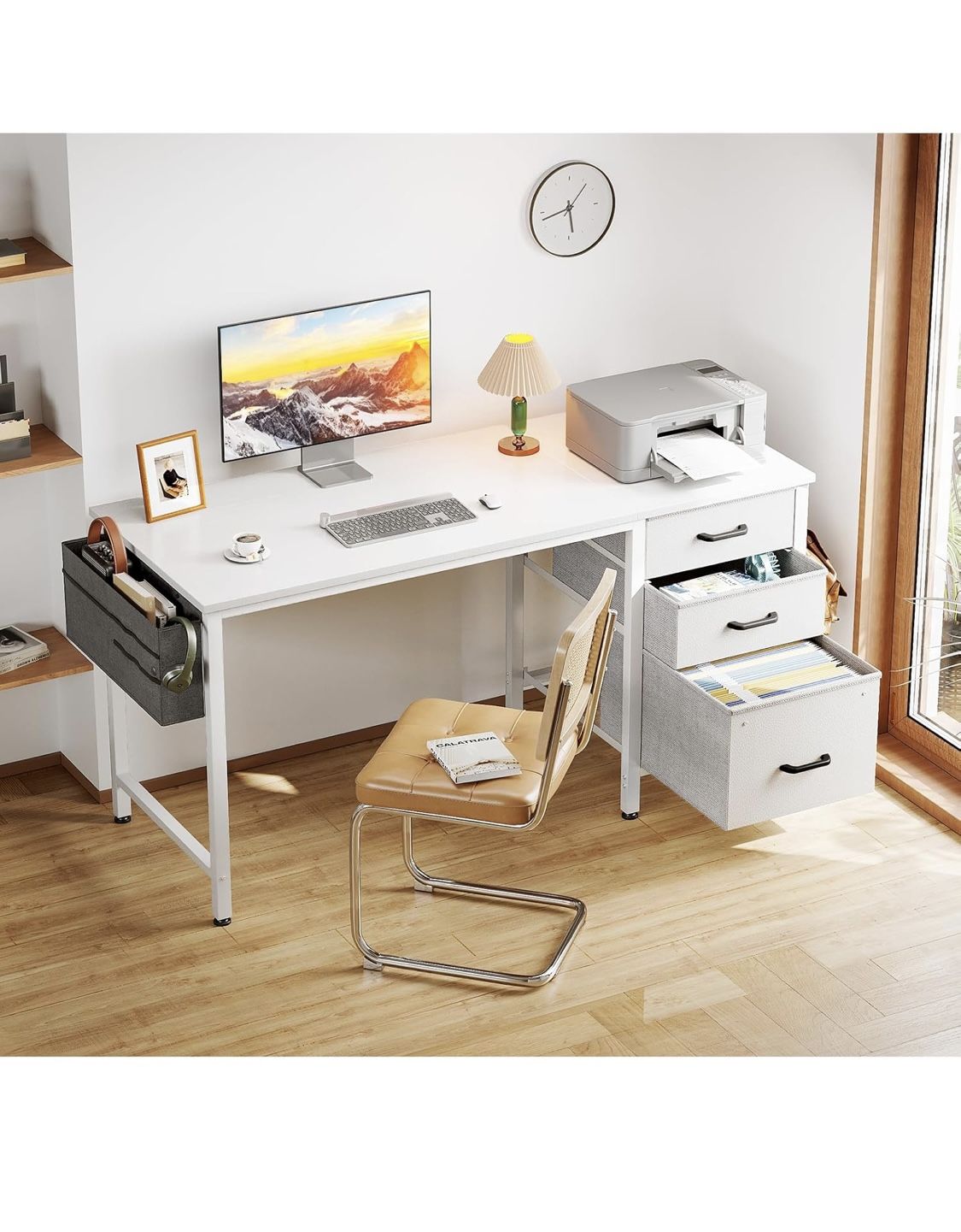 48-Inch Small Computer Desk with Fabric Drawers & File Cabinet, Home Office Desk with Cloth Storage Bag and Hook