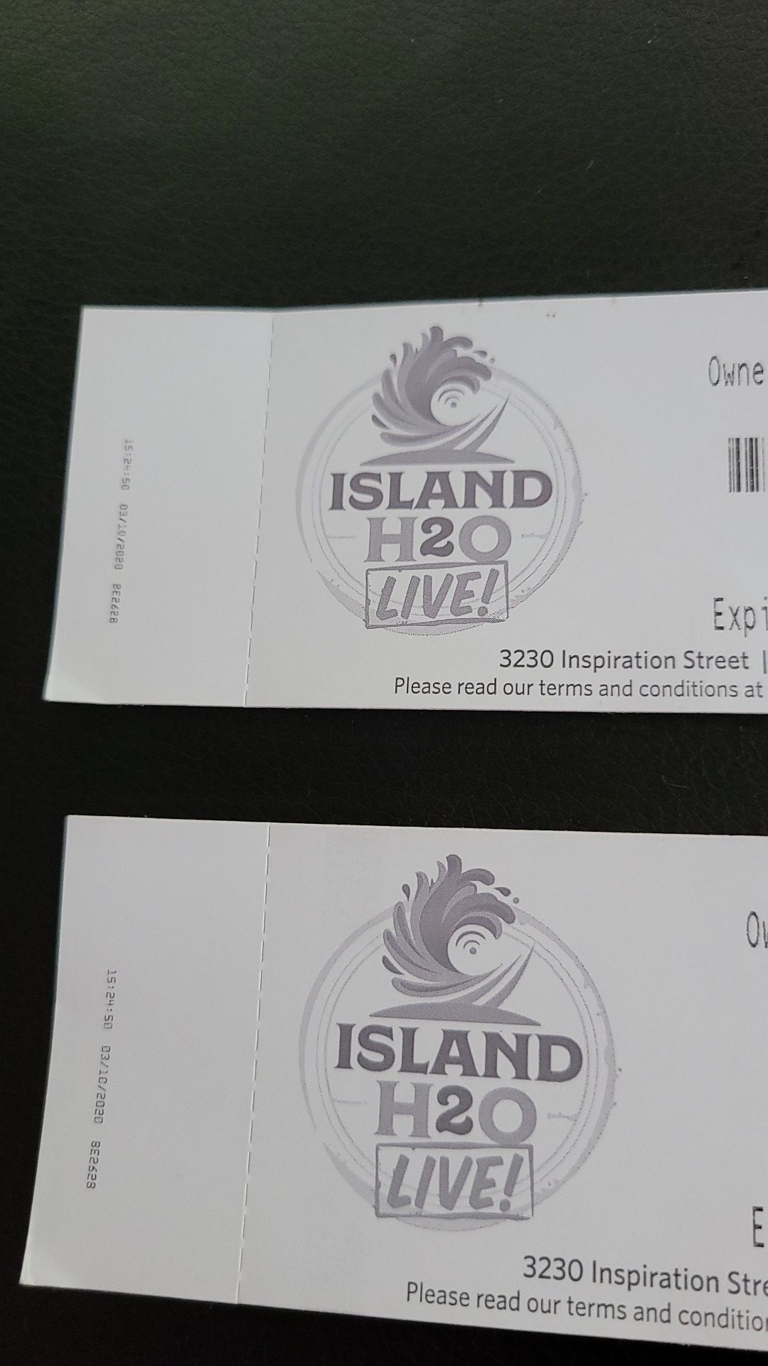 2 tickets to H20 live in Kissimmee expires 9/7